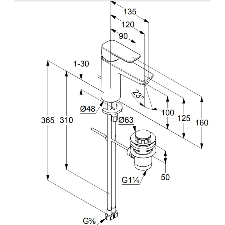 Bateria umywalkowa Kludi Pure&Style, stojąca, wysokość 135mm, bez zestawu odpływowego, czarny mat