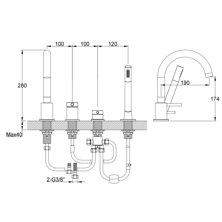 Bateria wannowa 3-otworowa Kohlman Axel, stojąca, wylewka 190mm, 2 wyjścia wody, zestaw natryskowy, chrom
