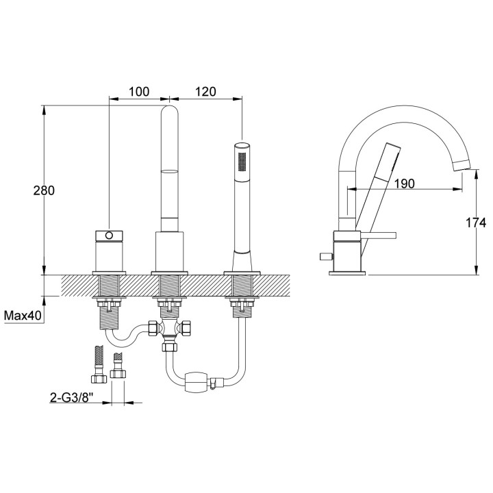 Bateria wannowa Kohlman Axel, natynkowa, wylewka 205mm, 2 wyjścia wody, chrom