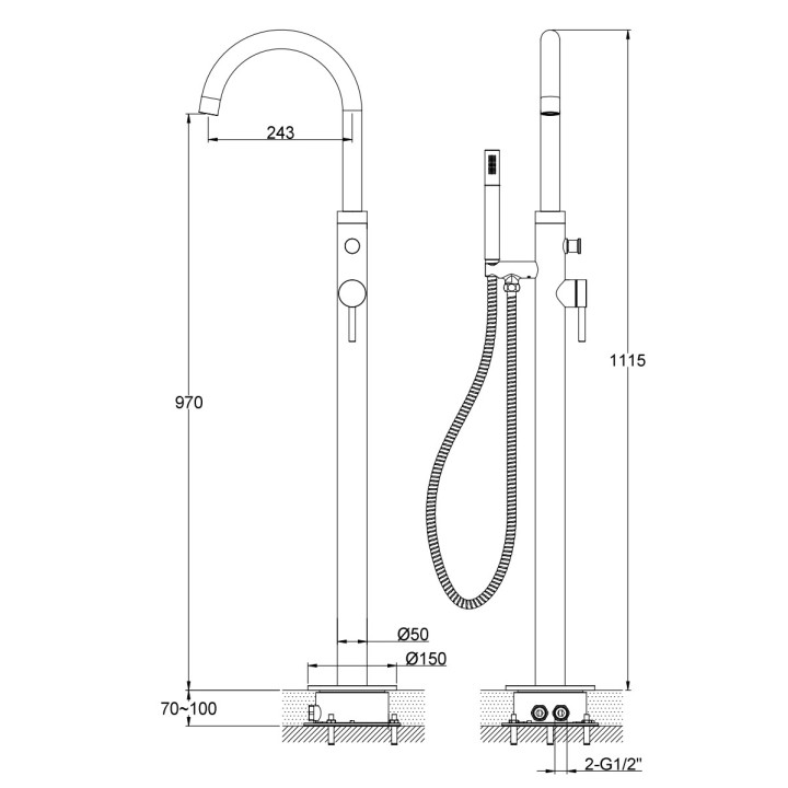 Bateria wannowa wolnostojąca Kohlman Roxin Black, wysokość 1155mm, zestaw natryskowy, czarny