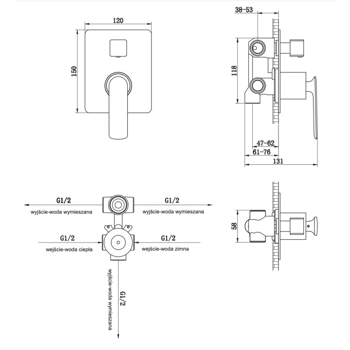 Bateria wannowa Kohlman Experience, podtynkowa, 3 wyjścia wody, czarny mat