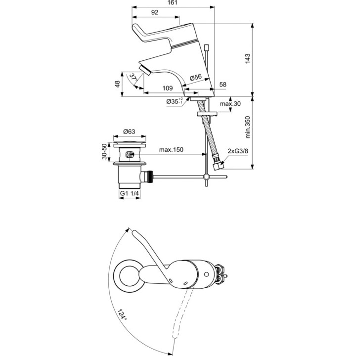 Bateria umywalkowa dla osób niepełnosprawnych Ideal Standard Ceraplus, stojąca, wysokość 143mm, korek automatyczny, chrom