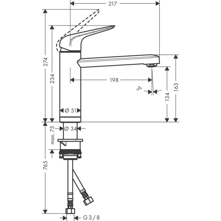 Bateria kuchenna Hansgrohe Zesis M33 1jet Eco, stojąca, wysokość 214mm, wylewka 220mm, chrom