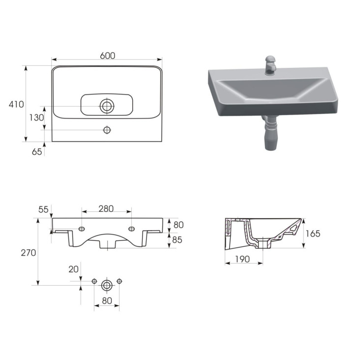 Umywalka meblowa Cersanit Mille Slim, 50cm, z przelewem, z otworem na baterię, biały