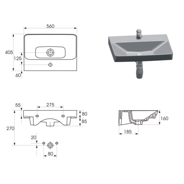 Umywalka meblowa Cersanit Mille Slim, 60cm, z przelewem, z otworem na baterię, biały