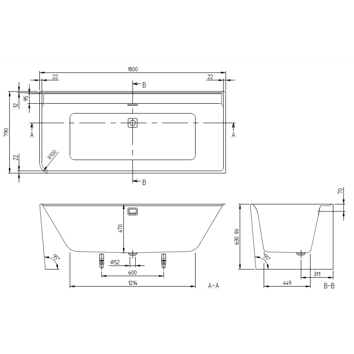 Wanna przyścienna narożna Villeroy & Boch Collaro, 179x79, montaż po prawej stronie, Weiss Alpin