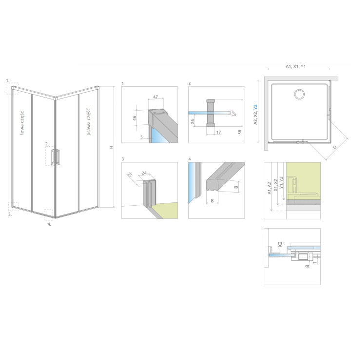 Kabina prysznicowa Radaway Idea Gold KDD I 80, część lewa, 800x2005mm, drzwi rozsuwane, profil złoty