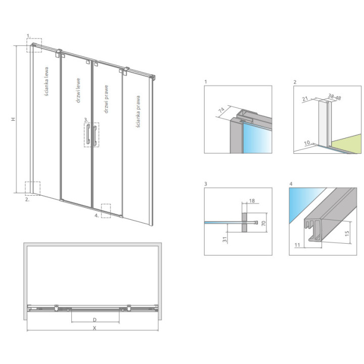 Drzwi prysznicowe do wnęki Radaway Espera DWJ Mirror 140, lewe, przesuwne, szkło mirror+przejrzyste, 1400x2000mm, profil chrom