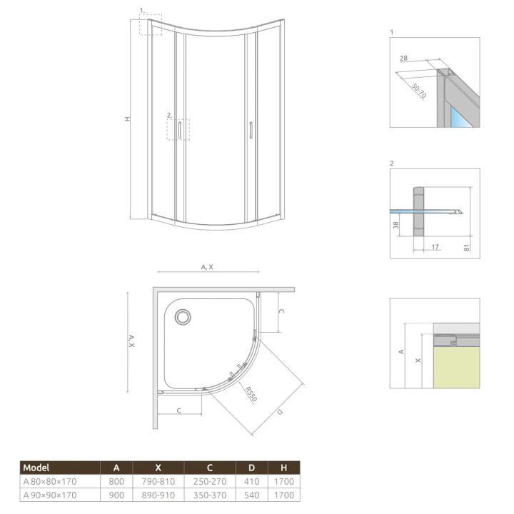 Półokrągła kabina prysznicowa Radaway Premium A 1700, 90x90cm, rozsuwana, szkło fabric, profil chrom