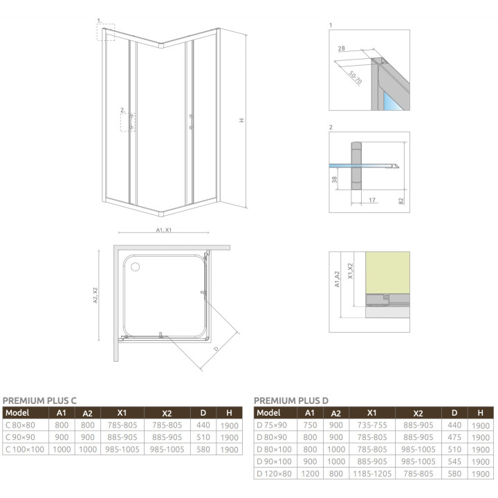 Półokrągła kabina prysznicowa Radaway Premium A 1700, 90x90cm, rozsuwana, szkło fabric, profil chrom