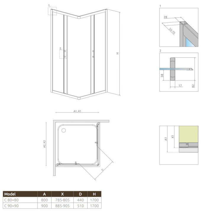 Półokrągła kabina prysznicowa Radaway Premium A 1700, 90x90cm, rozsuwana, szkło fabric, profil chrom