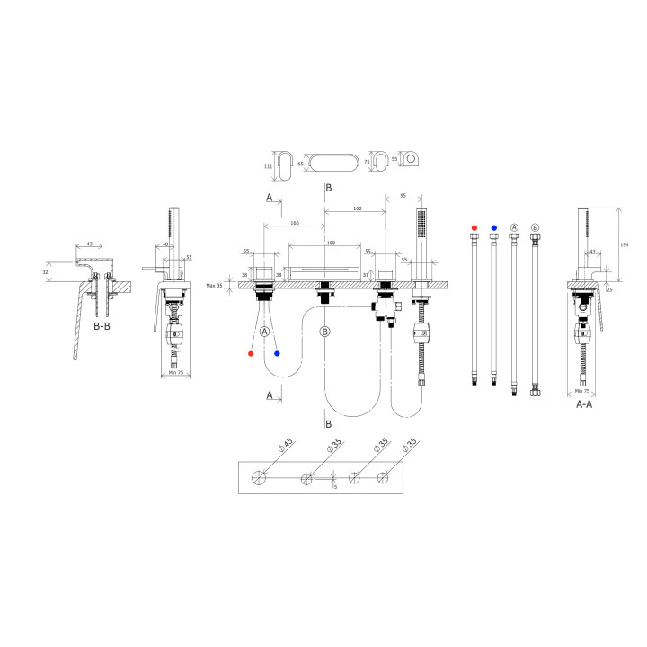 Bateria wannowa 4-otworowa Ravak Chrome CR 025.00, stojąca, wylewka wodospad, chrom