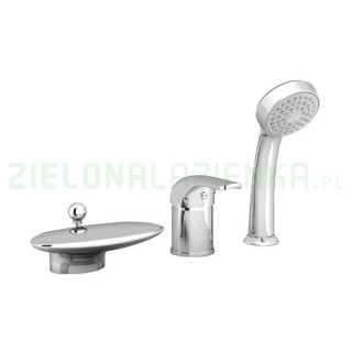 Bateria wannowa stojąca Ravak Wave, 5-otworowa, wylewka kaskadowa, zestaw natryskowy, chrom