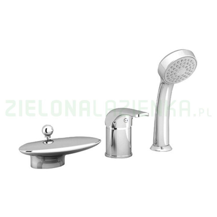 Bateria wannowa stojąca Ravak Wave, 5-otworowa, wylewka kaskadowa, zestaw natryskowy, chrom