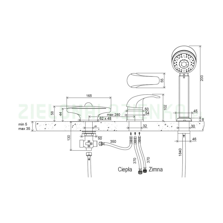 Bateria wannowa stojąca Ravak Wave, 5-otworowa, wylewka kaskadowa, zestaw natryskowy, chrom