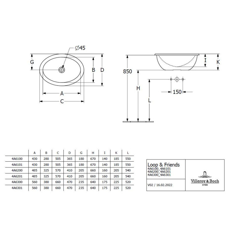 Umywalka wpuszczana w blat Villeroy & Boch Architectura, 60x45cm, z przelewem, otwór na baterię, Weiss Alpin CeramicPlus