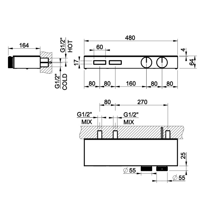Termostatyczna bateria natryskowa Gessi Hi-Fi Shelf, podtynkowa, 2 jednoczesne wyjścia wody, szklana półka, Gold PVD