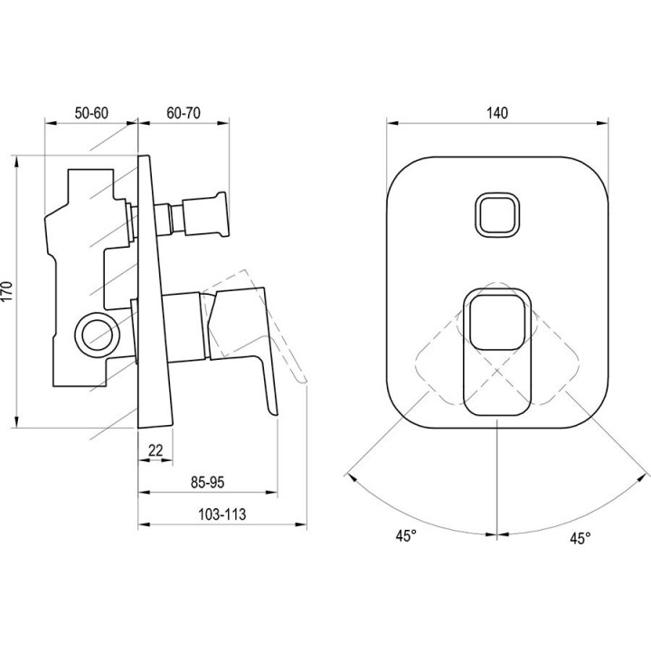 Baterie podtynkowe wannowa Ravak 10° z przełącznikiem TD 061.00