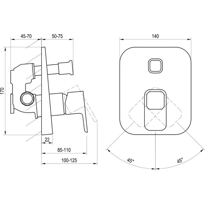 Baterie podtynkowa wannowa Ravak 10°, z przełącznikiem, do R-box TD 065.00