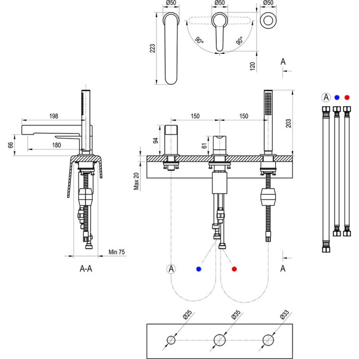 Bateria wannowa Ravak Puri, 3-otworowa, stojąca PU 026.00