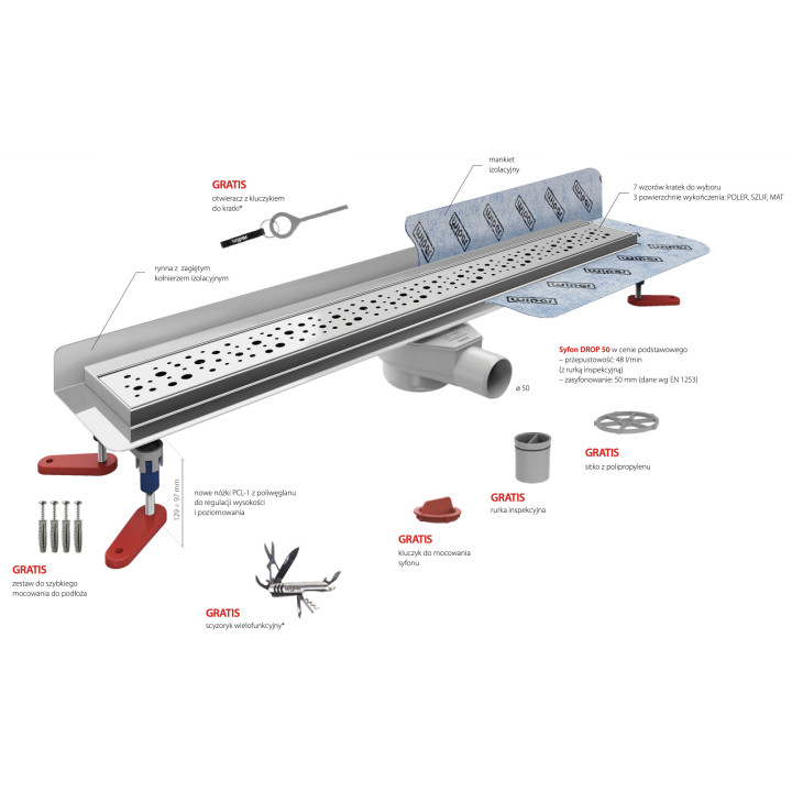 Odpływ liniowy, pełny zestaw,  Wiper New Premium, 500mm, wzór Ponente, wykończenie poler