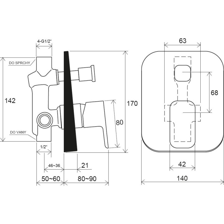 Bateria wannowo/natryskowa Ravak 10° Free black, podtynkowa, z przełącznikiem, TD F 061.20