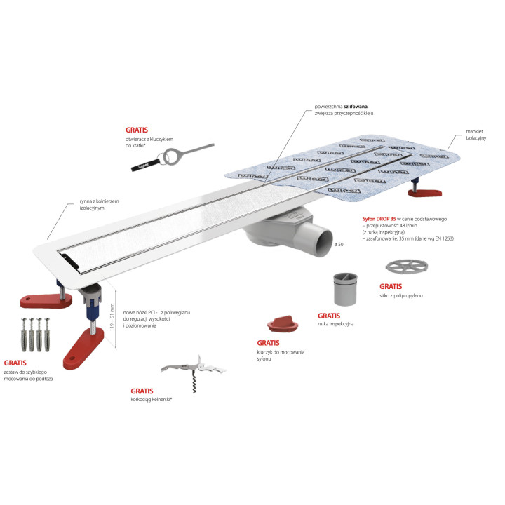 Odpływ liniowy, pełny zestaw, Wiper New Invisible, 500mm, do zabudowania płytkami, wykończenie szlif/mat