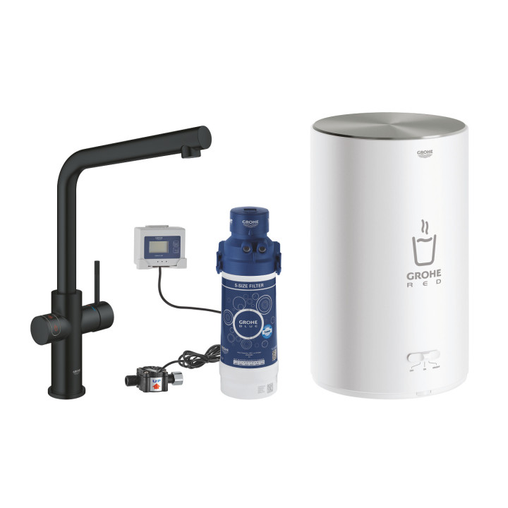 Zestaw startowy Grohe Blue Pure z baterią kuchenną Eurosmart w kształcie C, filtrowanie wody, obracana wylewka, chrom