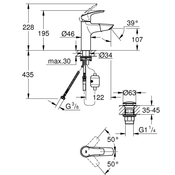  Bateria umywalkowa Grohe Eurosmart stojąca, wys. 146 mm, chrom, jednootworowa