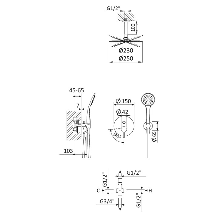 Zestaw natryskowy Bruma Lusitano, podtynkowy, deszczownica 205mm z ramieniem sufitowym, słuchawka 1-funkcyjna, sunrise