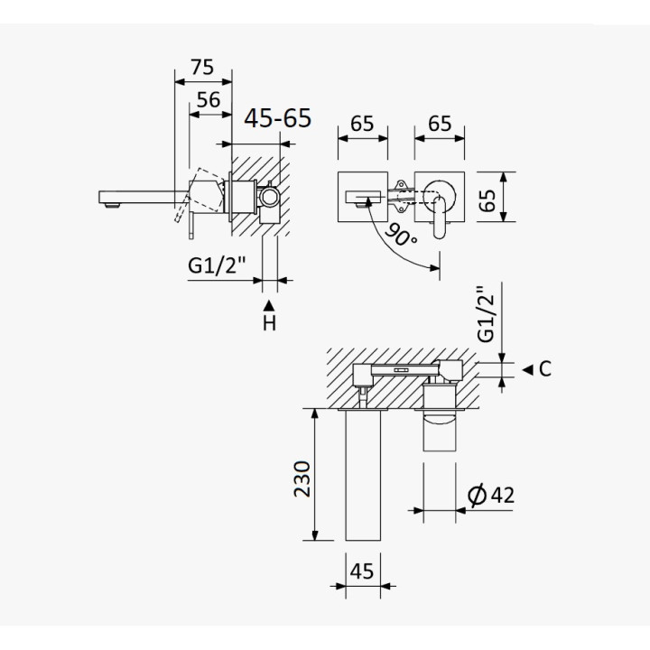 Bateria umywalkowa Bruma Lusa, ścienna, 2-otworowa, wylewka 230mm, sunrise