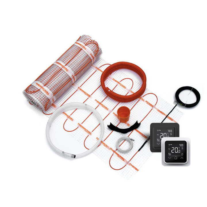 Zestaw ogrzewania podłogowego Thermoval, mata 2,5m2 TV TO 50 170 W/m2, zasilana jednostronnie, regulator TVT 40 WiFi czarny