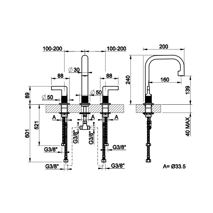 Bateria umywalkowa 3-otworowa Gessi Inciso, stojąca, wysokość 145mm, bez korka, chrom