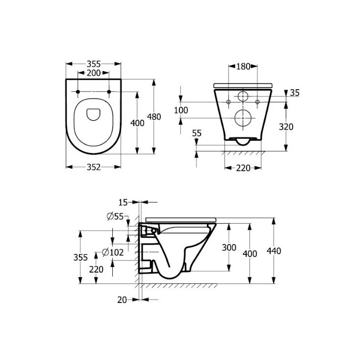 Miska Roca Gap Rimless 34x54 cm, wisząca 