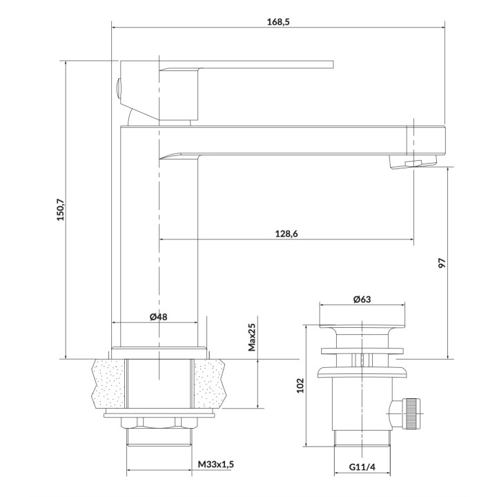 Bateria umywalkowa Cersanit Elio, stojąca, wysokość 151mm, korek klik-klak, chrom