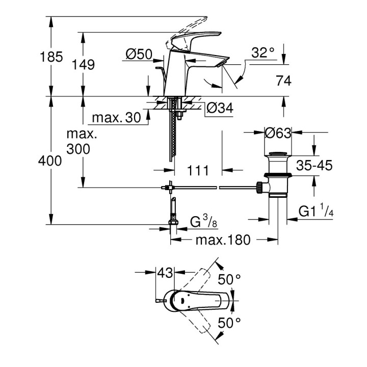 Bateria umywalkowa Grohe Eurosmart Professional, stojąca, rozmiar S, korek automatyczny, chrom