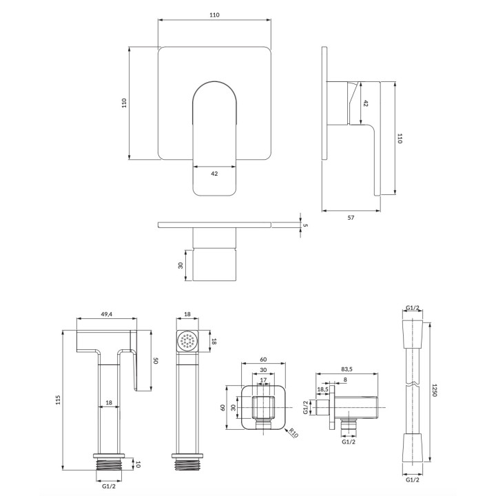 Podtynkowy zestaw bidetowy Omnires Contour, bateria z rączką bidetową, wężem 125cm i uchwytem, chrom