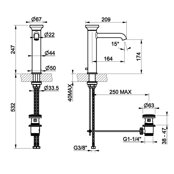 Bateria umywalkowa Gessi Origini, stojąca, wysokość 172mm, korek automatyczny, chrom