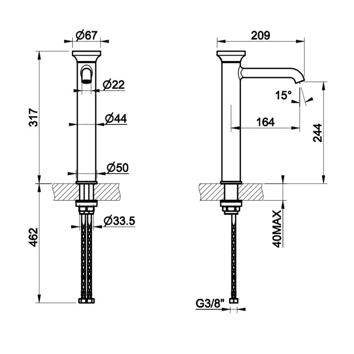 Bateria umywalkowa Gessi Origini, stojąca, wysokość 247mm, korek automatyczny, chrom