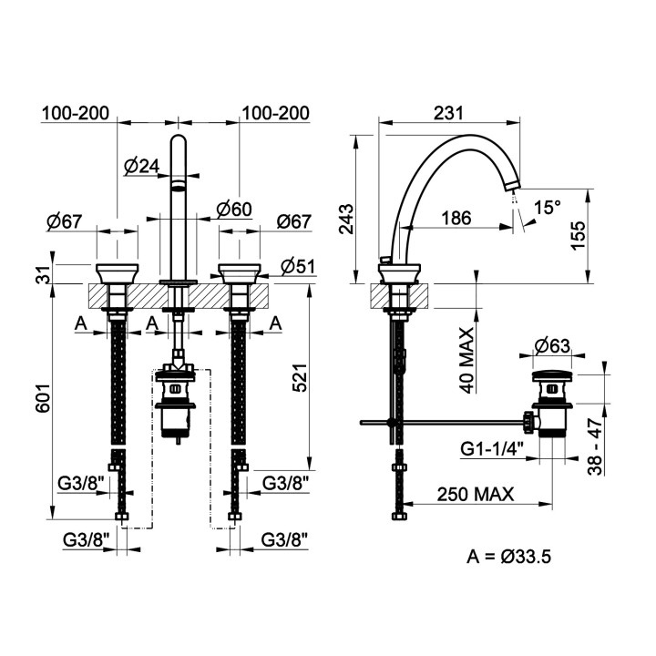 Bateria umywalkowa Gessi Origini, stojąca, wysokość 317mm, korek automatyczny, chrom
