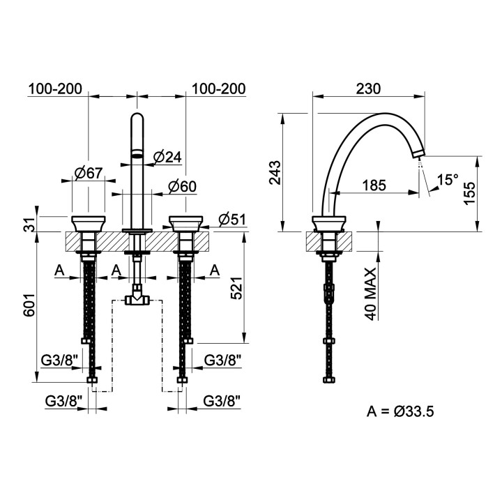 Bateria umywalkowa 3-otworowa Gessi Origini, stojąca, wysokość 243mm, korek automatyczny, chrom