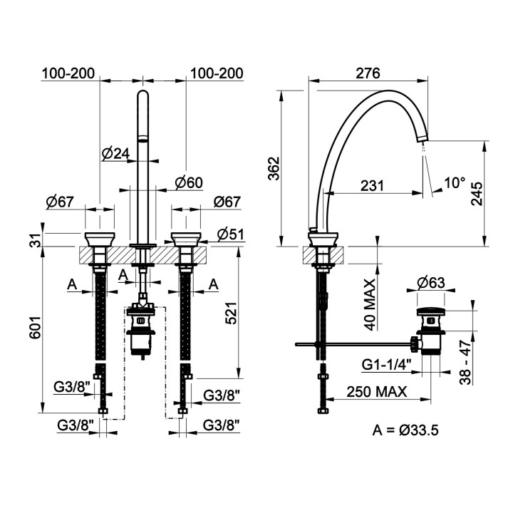 Bateria umywalkowa 3-otworowa Gessi Origini, stojąca, wysokość 243mm, korek automatyczny, chrom