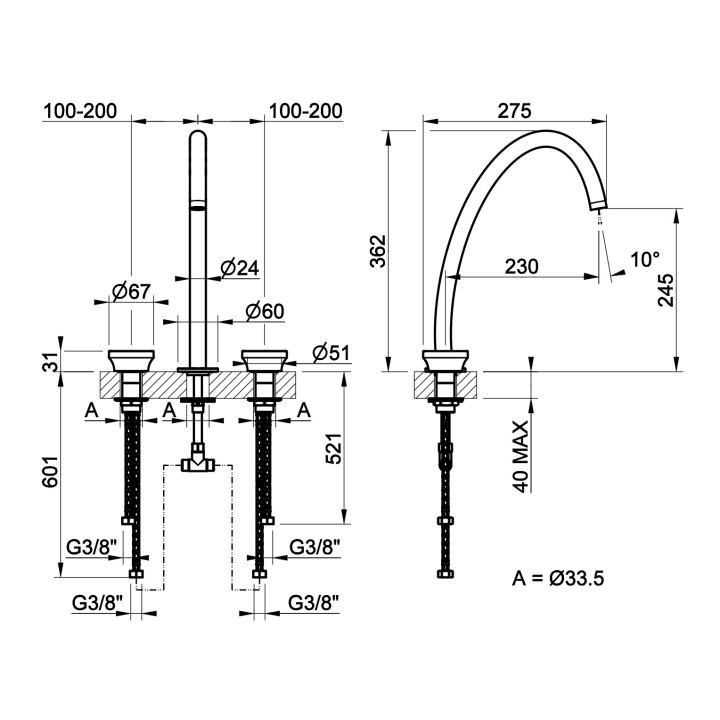 Bateria umywalkowa 3-otworowa Gessi Origini, stojąca, wysokość 362mm, korek automatyczny, chrom
