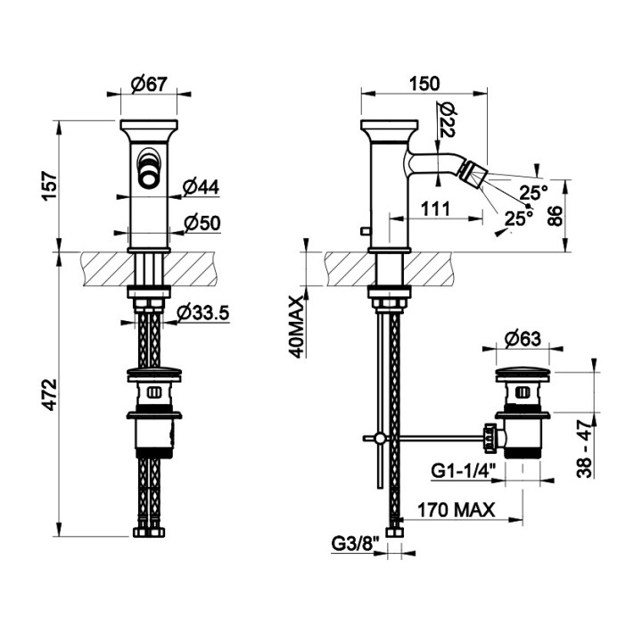 Bateria umywalkowa Gessi Origini, stojąca, wysokość 247mm, korek automatyczny, chrom