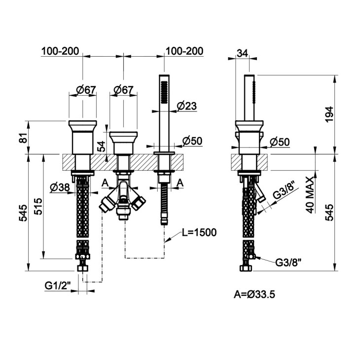 Bateria wannowa 4-otworowa Gessi Origini, stojąca, 2 wyjścia wody, zestaw natryskowy, chrom