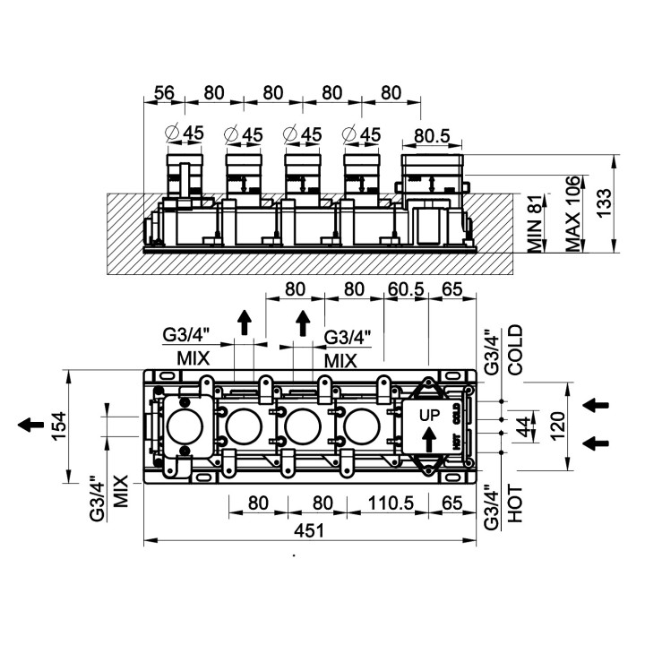 Element podtynkowy Gessi dla termostatycznej baterii natryskowej, 2 jednoczesne wyjścia wody