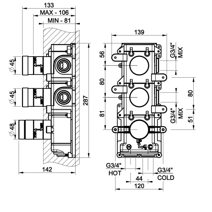 Element podtynkowy Gessi dla termostatycznej baterii natryskowej, 2 jednoczesne wyjścia wody