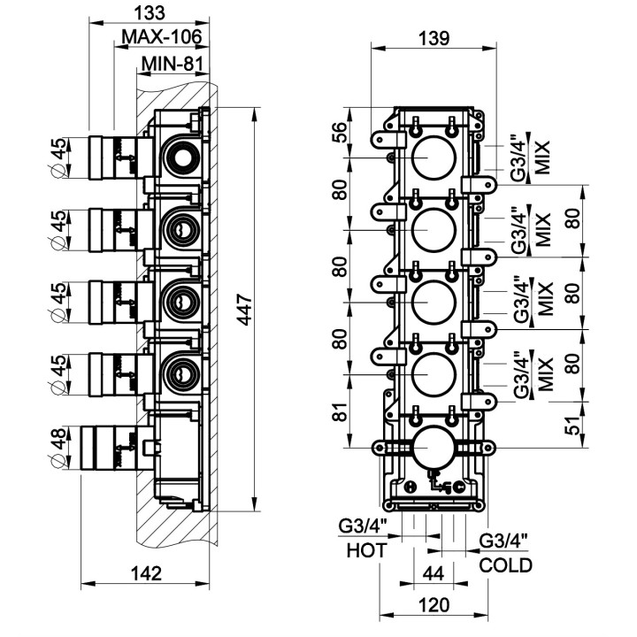 Element podtynkowy Gessi dla termostatycznej baterii natryskowej, 3 osobne wyjścia wody