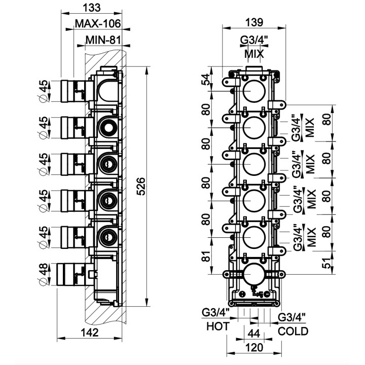 Element podtynkowy Gessi dla termostatycznej baterii natryskowej, 4 osobne wyjścia wody