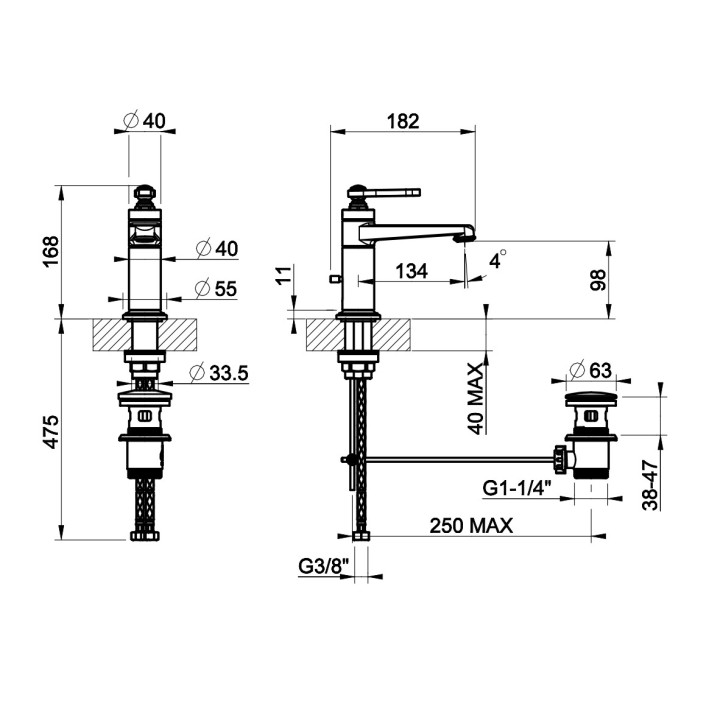 Bateria umywalkowa Gessi Origini, stojąca, wysokość 172mm, korek automatyczny, chrom